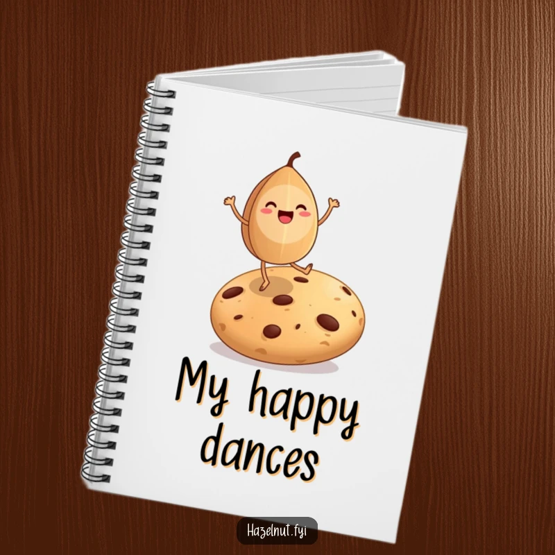 Funny notebook featuring a happy hazelnut dancing on a giant cookie, inspiring sweet ideas and creativity.