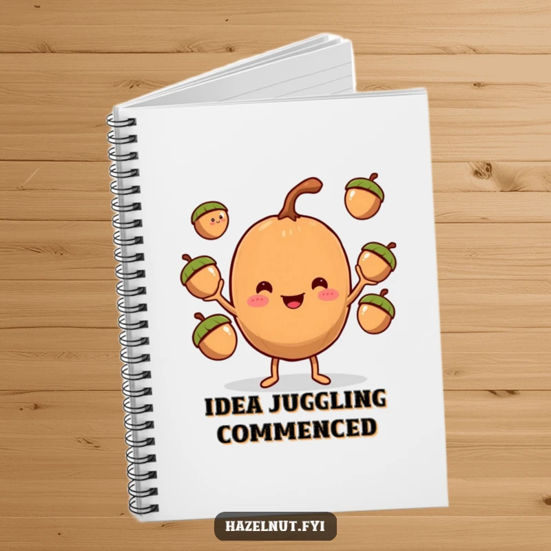 Funny Hazelnut Juggler Notebook, a hazelnut character juggling acorns, perfect for writing and sketching.