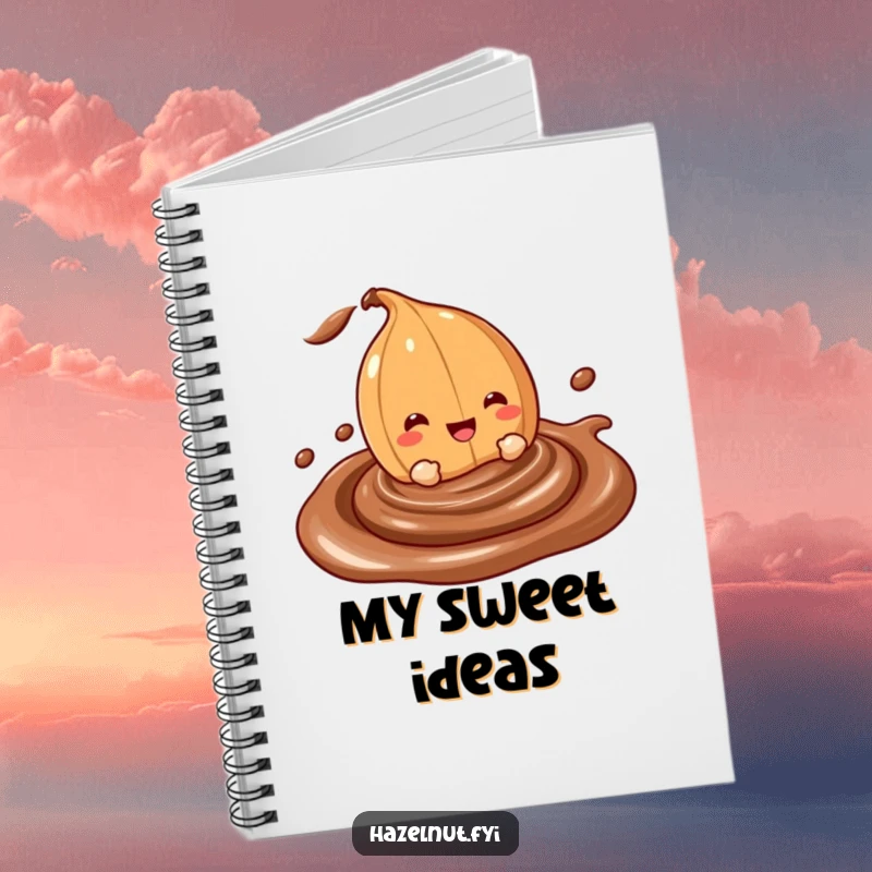 Funny notebook cover with a cheerful hazelnut character happily diving into a creamy, swirling chocolate dip, perfect for writing dreams.