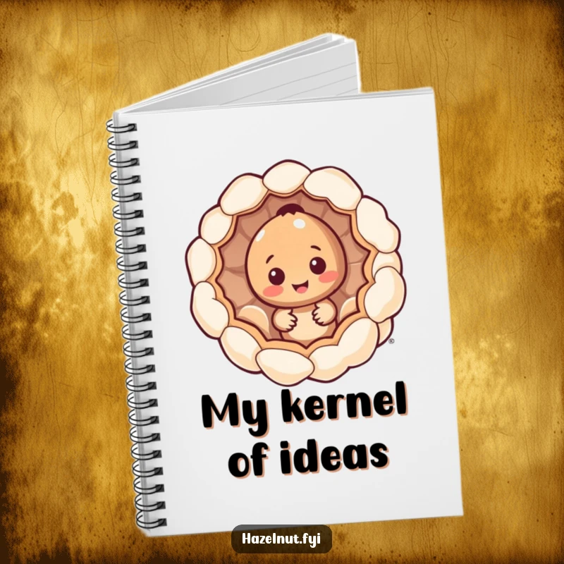 Funny hazelnut character notebook, peeking from inside a giant popcorn kernel, humorous stationery for creative minds.