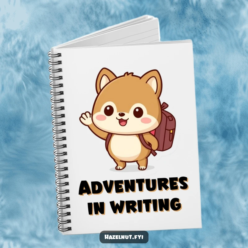 Funny hazelnut notebook with backpack, waving enthusiastically, ideal for jotting down hilarious travel plans.