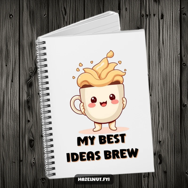 Funny Notebook with a cheerful kawaii hazelnut character holding an enormous, overflowing coffee cup, perfect for jotting down funny ideas.