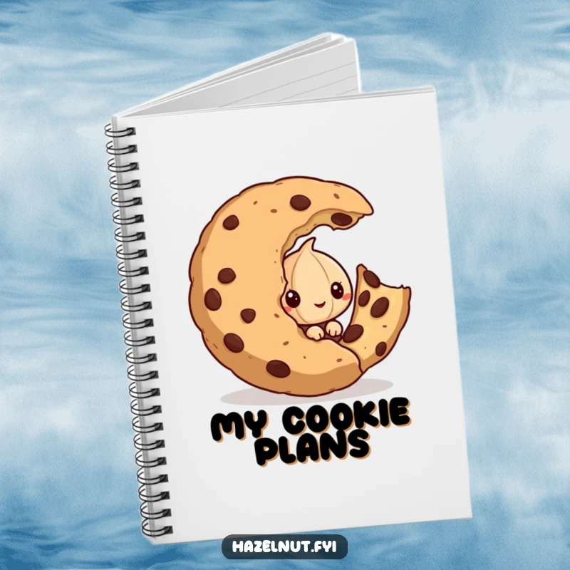 Funny notebook cover with a mischievous hazelnut peeking from behind a large half-eaten cookie, perfect for writing secrets.