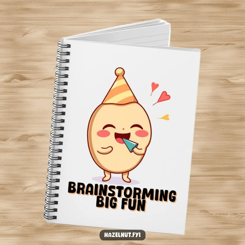 Funny hazelnut character in a party hat, laughing and blowing a noisemaker, on the cover of a notebook. Ideal funny gift.