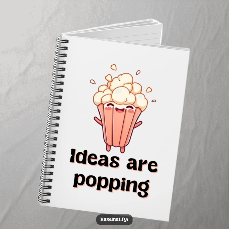 Funny notebook cover with a cheerful popcorn kernel bursting upwards with a delighted expression, encouraging fun note-taking.