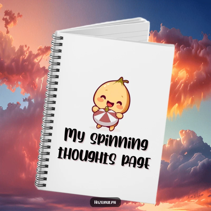 Funny Hazelnut Notebook with a cute smiling hazelnut holding a miniature spinning top, perfect for jotting down playful thoughts.