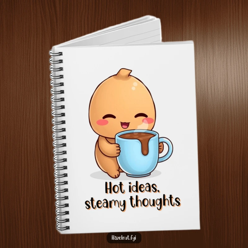 Funny notebook cover with a delighted hazelnut winking coyly while holding a tiny, steaming mug of hot chocolate, perfect for cozy notes.