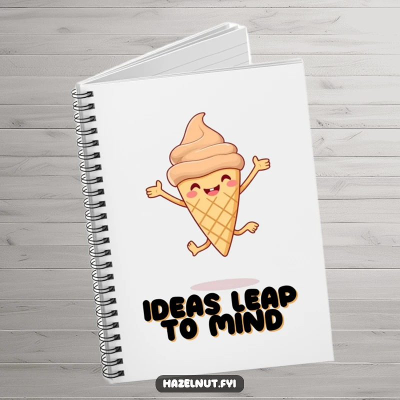 Funny Hazelnut ice cream cone notebook with tiny legs leaping joyfully, ideal for capturing hilarious thoughts.