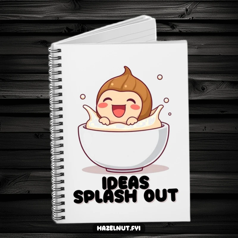 Funny notebook featuring a laughing hazelnut splashing in cream, ideal for jotting down joyful ideas and fun notes.