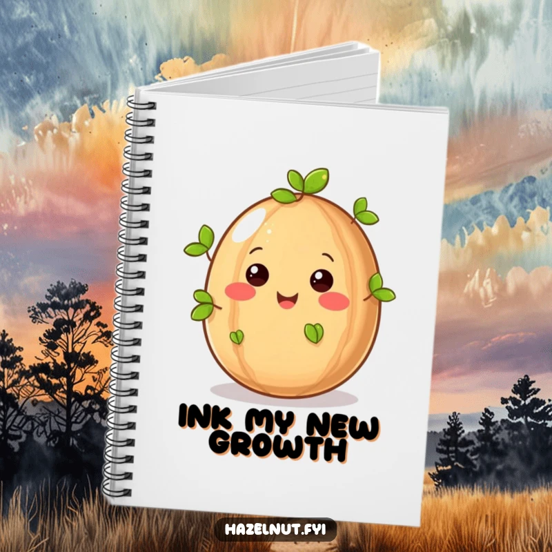 Funny smiling hazelnut with sprouting green leaves on a notebook cover, ideal for writing and drawing with nature-inspired humor.