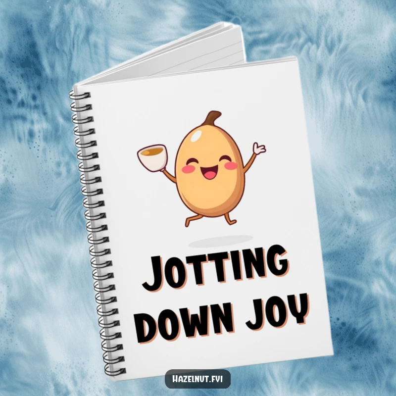 Funny smiling hazelnut with legs doing a joyful jig with a coffee cup, on a notebook, for jotting down energetic ideas.