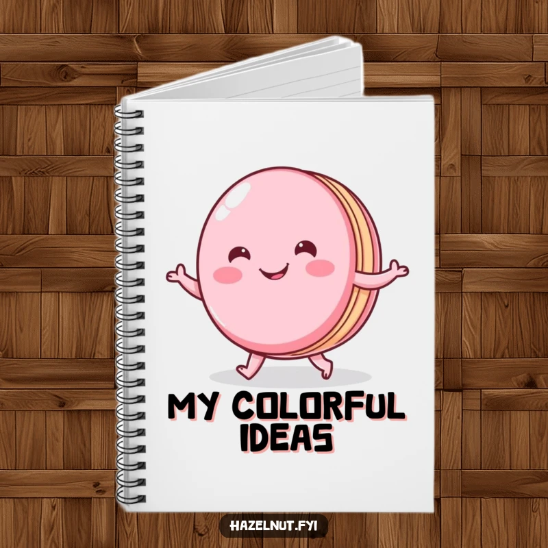 Funny notebook featuring a cheerful macaron with a wide smile doing a little shuffle, ideal for notes and chic ideas.