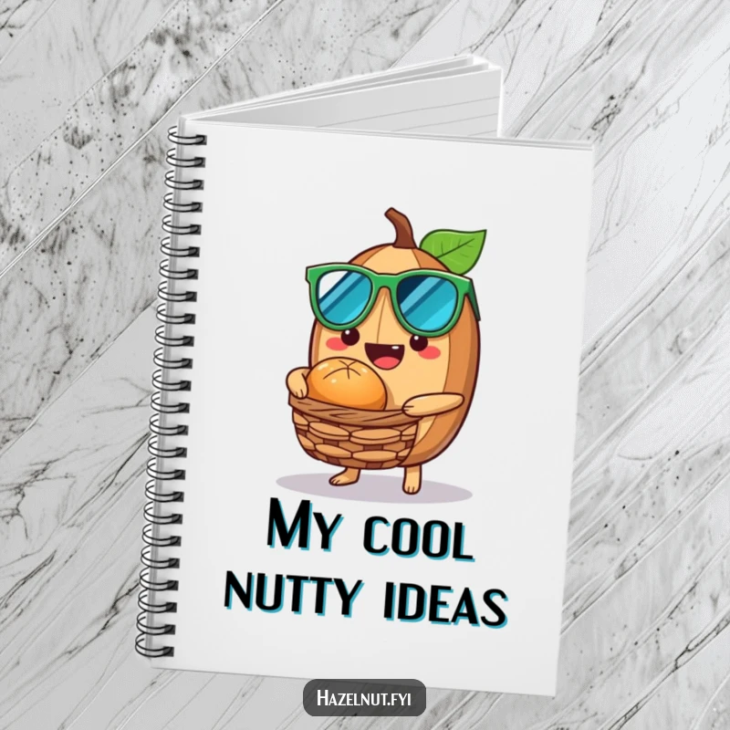 Funny Hazelnut Notebook featuring a hazelnut with sunglasses offering a nutty treat from a tiny basket, perfect for cool notes.