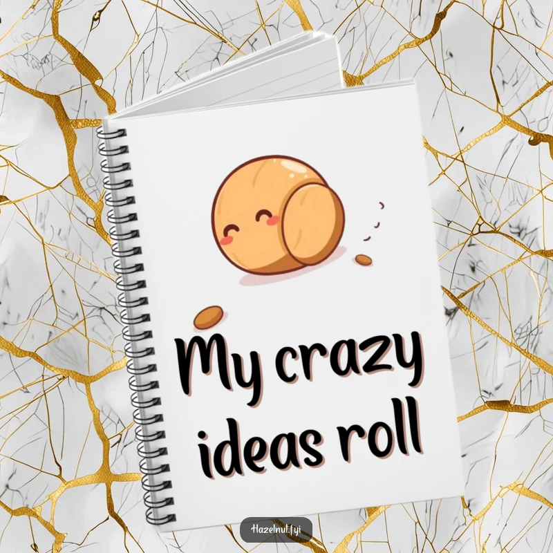 Funny hazelnut giggling as it rolls downhill on a notebook cover, perfect for jotting down ideas with nutty humor.