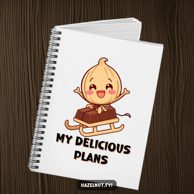 Funny Notebook: A delighted hazelnut character rides a tiny chocolate bar like a sled, inspiring sweet thoughts and nutty adventures.