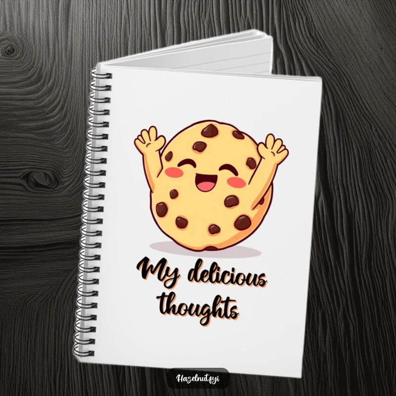 Funny notebook featuring a giggling chocolate chip cookie with arms raised in delight, ideal for notes and sweet ideas.