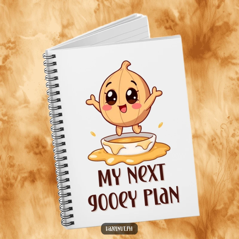 Funny hazelnut character leaping into melting caramel, on a notebook cover, ideal for humorous journaling and gifting.