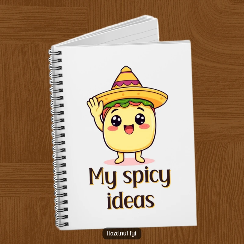 Funny notebook cover with a happy taco in a sombrero giving a salute, perfect for creative notes.