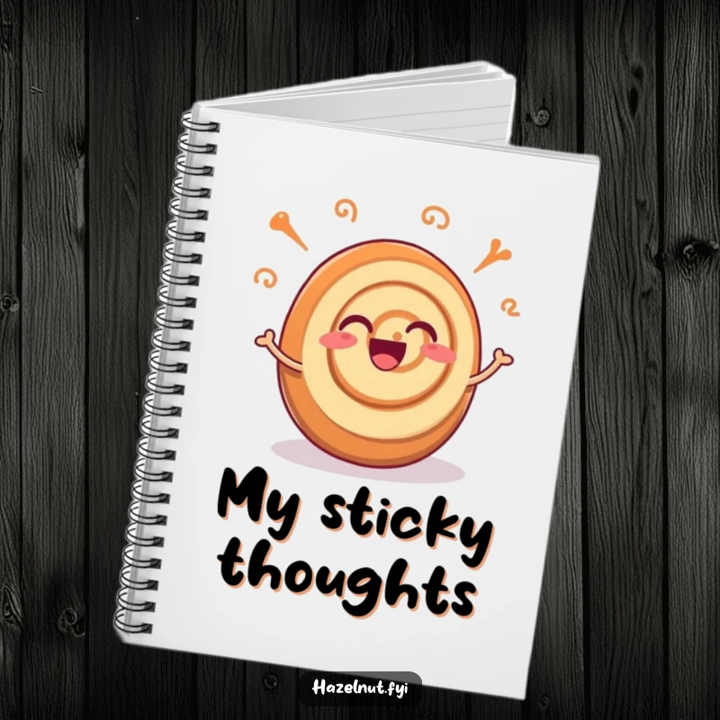 Funny notebook featuring an excited cinnamon roll with joyful wiggling swirls, ideal for notes and sweet ideas.