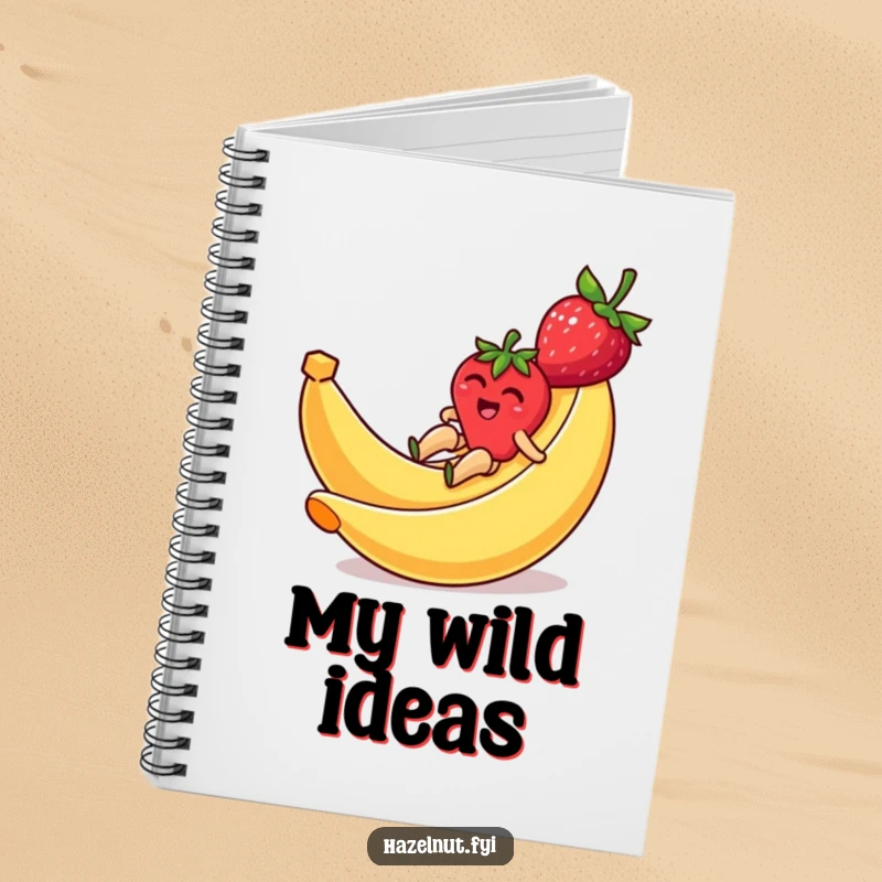 Funny notebook cover with a strawberry hilariously zipping down a banana peel slide, encouraging fun note-taking.