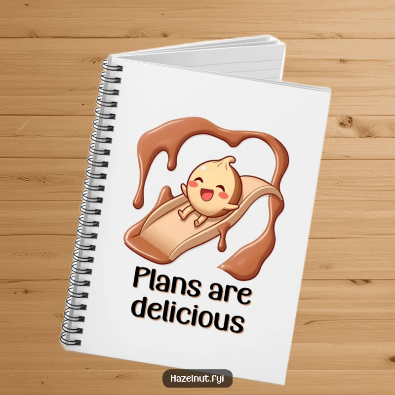 Funny Chocolate Slide Hazelnut Notebook, a giggling hazelnut sliding down a chocolate syrup slide, perfect for writing.
