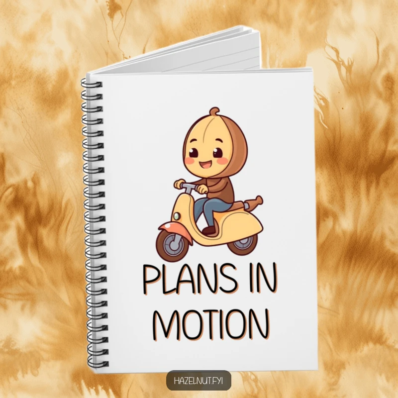 Funny Hazelnut Notebook cover displays a hazelnut joyfully riding a rolling pin scooter, perfect for notes and sketches.