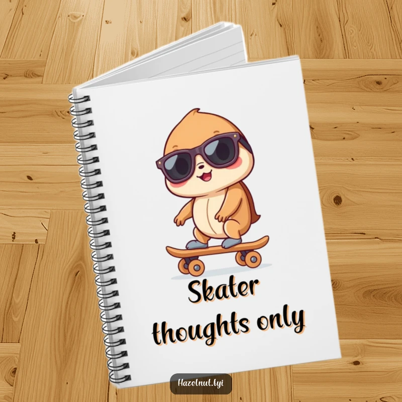 Funny hazelnut wearing sunglasses, riding a tiny skateboard, featured on a notebook cover, inspiring creative writing and doodling.