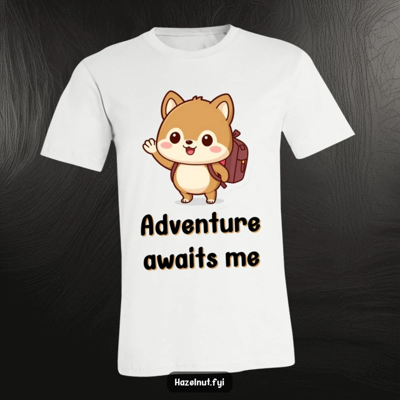 Funny cute hazelnut t-shirt with a backpack, waving enthusiastically, a humorous travel statement.