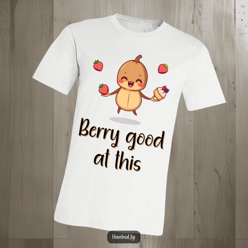 Funny, mischievous hazelnut juggling three tiny berry pastries, depicted on a t-shirt, showcasing talent and a love for treats.