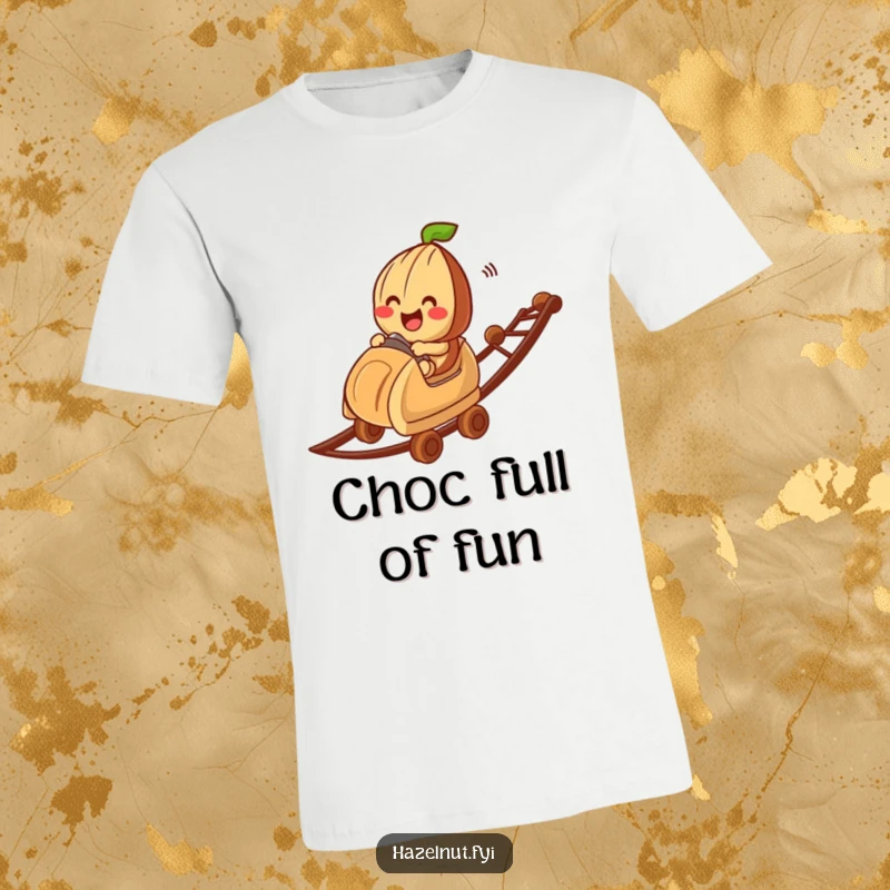 Funny hazelnut character on a chocolate bit roller coaster, printed on a t-shirt, conveying exhilaration and humor as a gift.