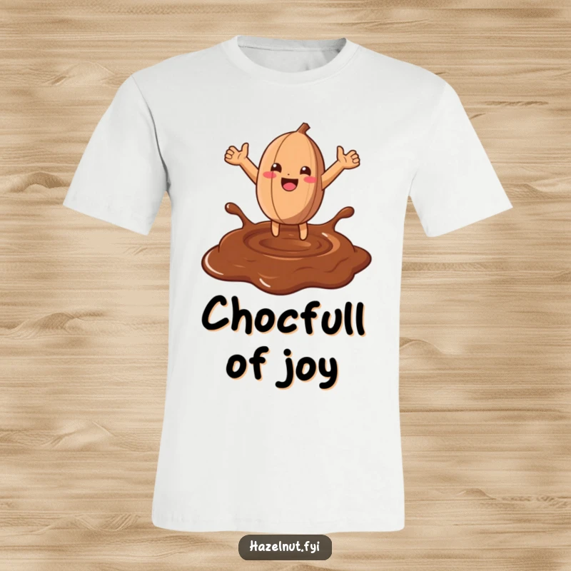 Funny Hazelnut Chocolate Leap T-Shirt: A gleeful hazelnut jumps into melted chocolate, depicted on a comfy and funny t-shirt.