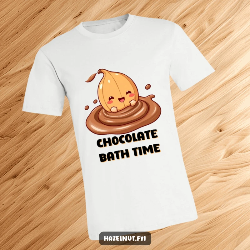 Funny t-shirt with a cheerful hazelnut character happily diving headfirst into a creamy, swirling chocolate dip, embodying pure joy.