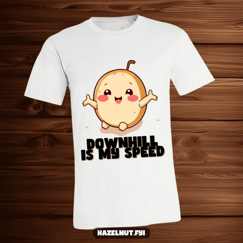 Funny hazelnut t-shirt with arms outstretched, rolling downhill joyfully, a humorous expression of freedom.