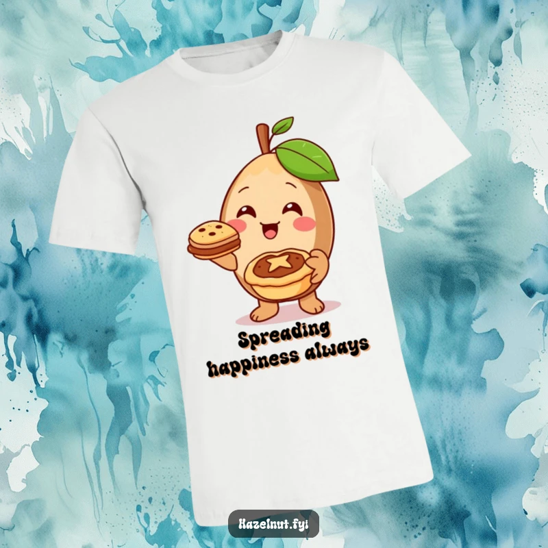 A cheerful hazelnut character with a warm smile, offering a miniature pie, perfect for spreading kindness on a t-shirt.