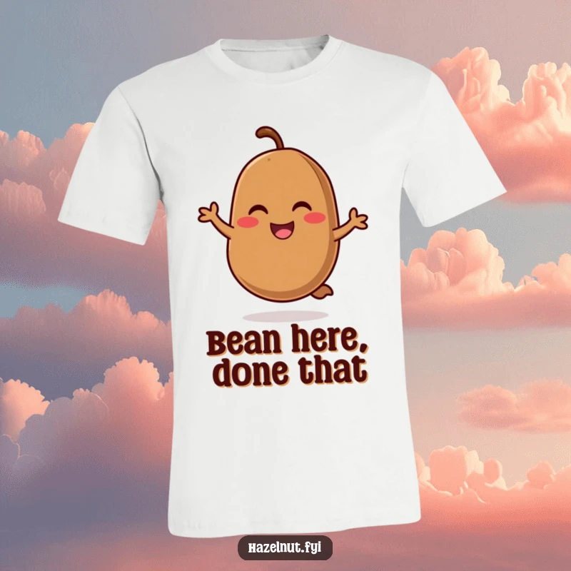 Funny t-shirt showcasing a smiling, rosy-cheeked coffee bean in mid-hop, exuding playful energy and morning cheer.