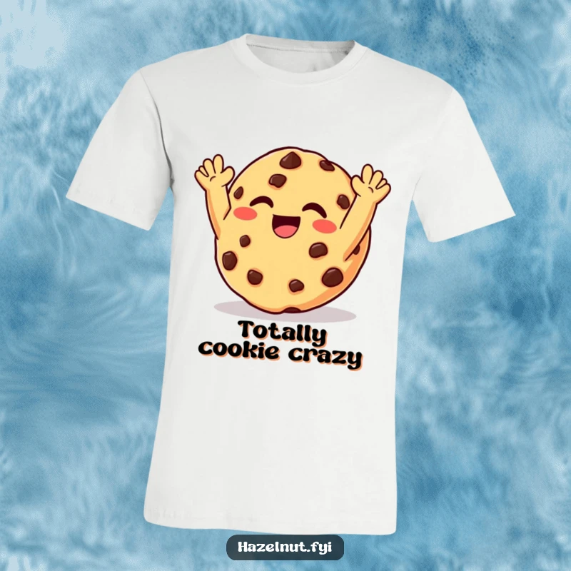 Funny t-shirt depicting a giggling chocolate chip cookie with arms joyfully raised, symbolizing carefree happiness.