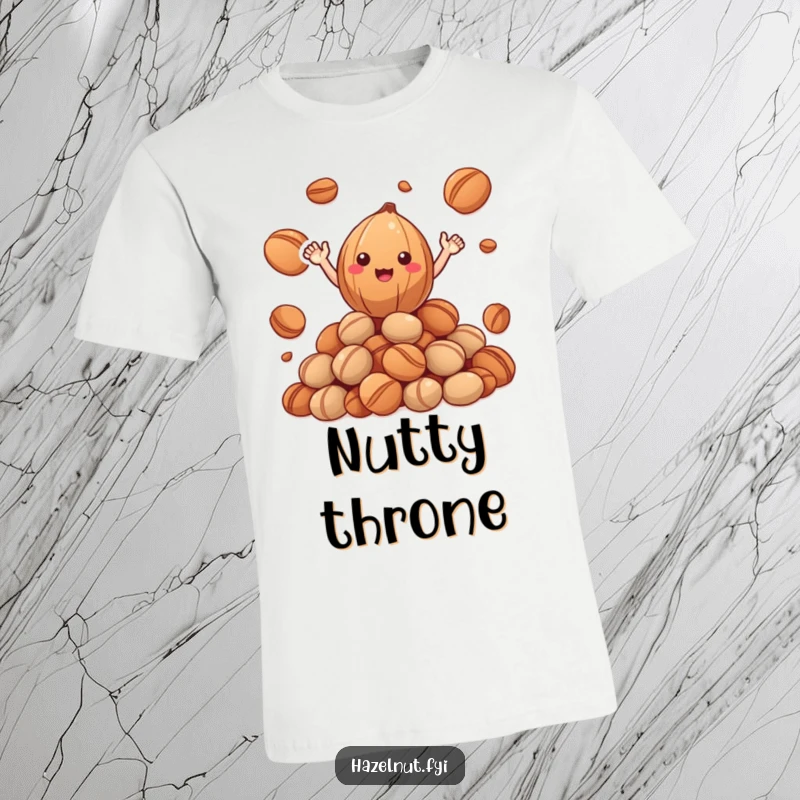 Funny Happy Hazelnut T-Shirt: a small hazelnut with short arms waves excitedly from a mound of roasted nuts, a cheerful funny gift.