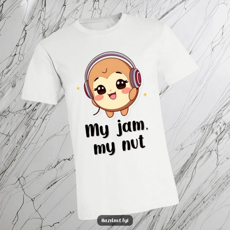 Funny T-Shirt: A smiling hazelnut character wearing headphones bobs its head to music, perfect for showcasing musical enjoyment and nutty flair.