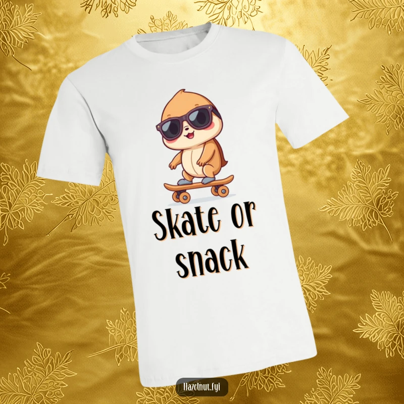 Funny hazelnut wearing sunglasses, riding a tiny skateboard, expressing coolness and a carefree attitude.