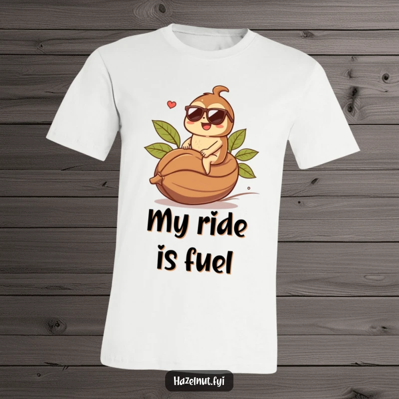 Funny hazelnut character wearing sunglasses, riding a giant coffee bean in a cool, playful manner. Awesome funny t-shirt.
