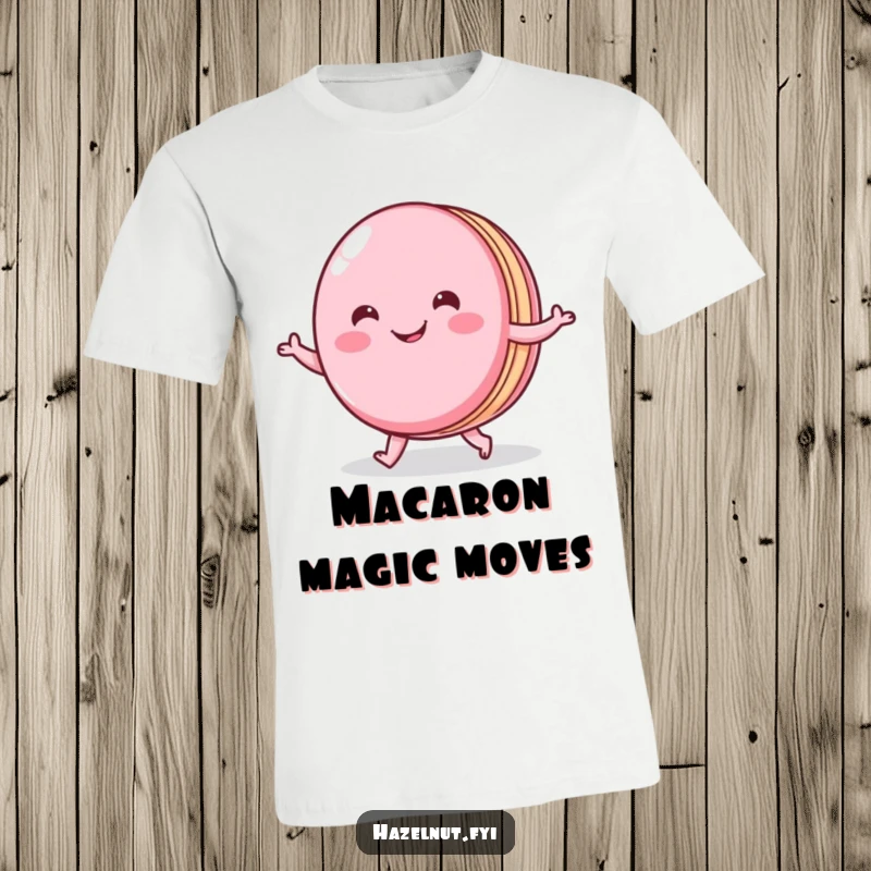 Funny t-shirt depicting a cheerful macaron with a wide smile doing a little shuffle, symbolizing playful elegance.