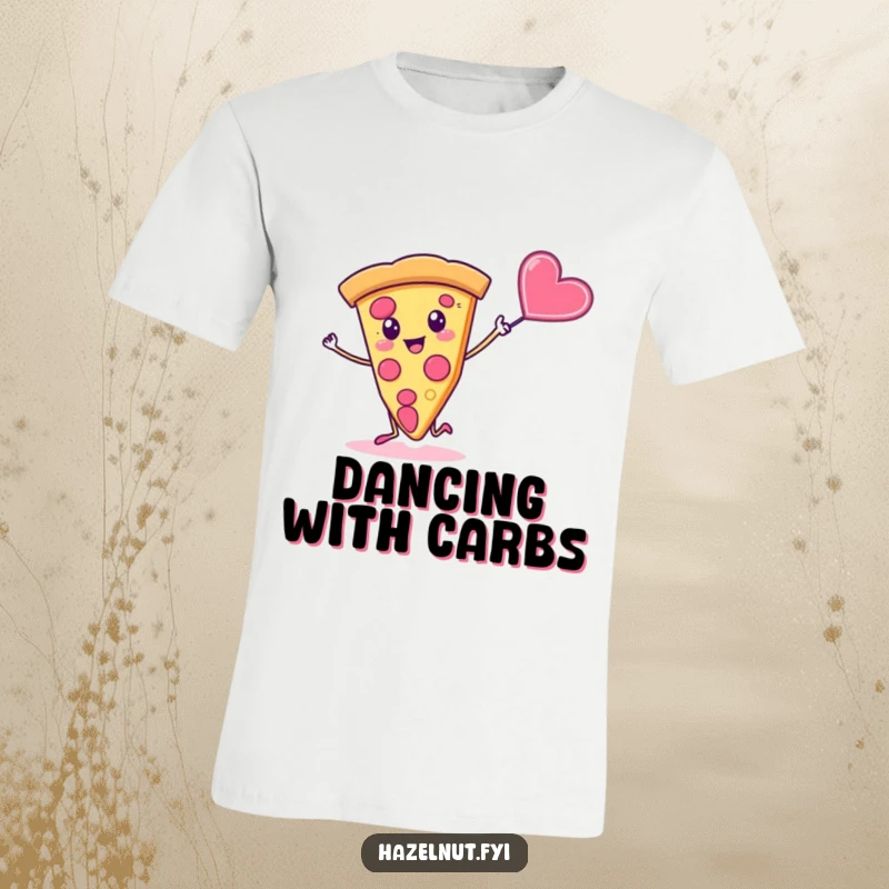 Funny t-shirt featuring a silly slice of pizza doing a lively dance with a fluttering candy heart.