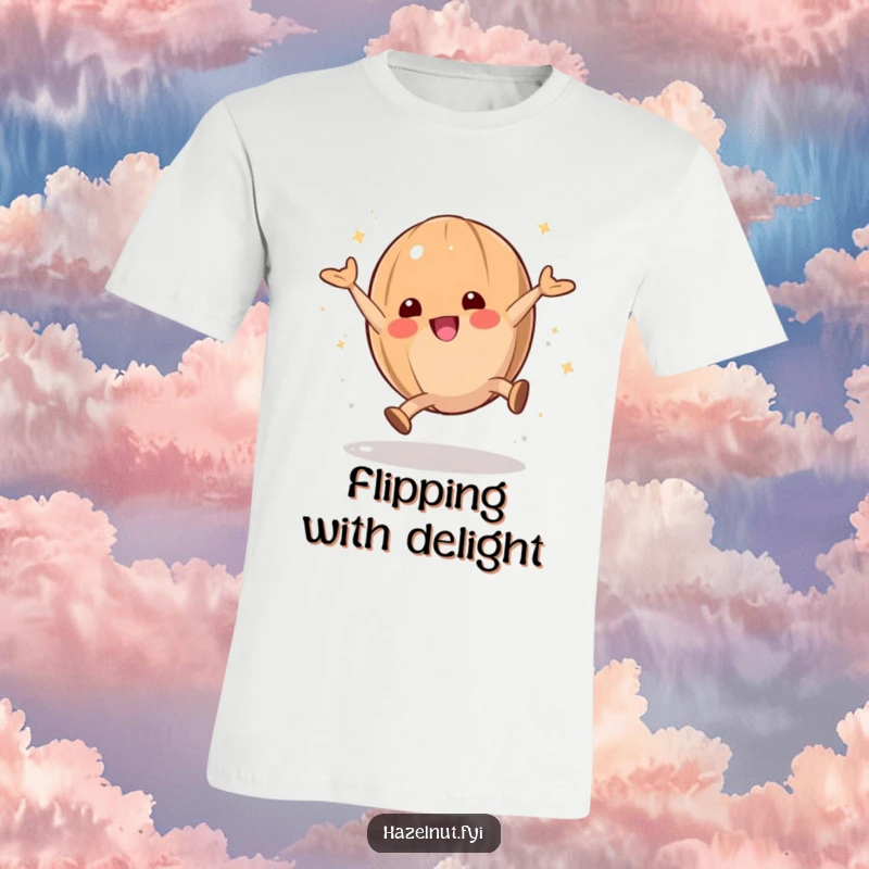 A playful hazelnut character doing a cartwheel with a dusting of powdered sugar, perfect for showcasing energy on a t-shirt.