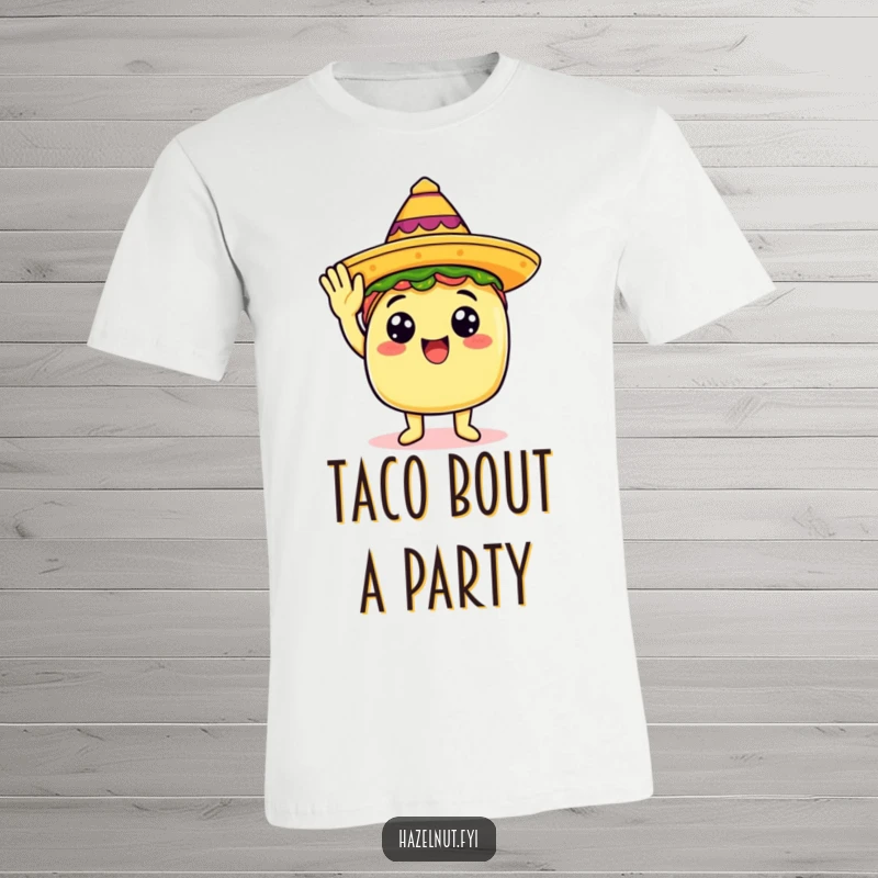 Funny t-shirt featuring a happy taco in a tiny sombrero, giving a crisp salute.