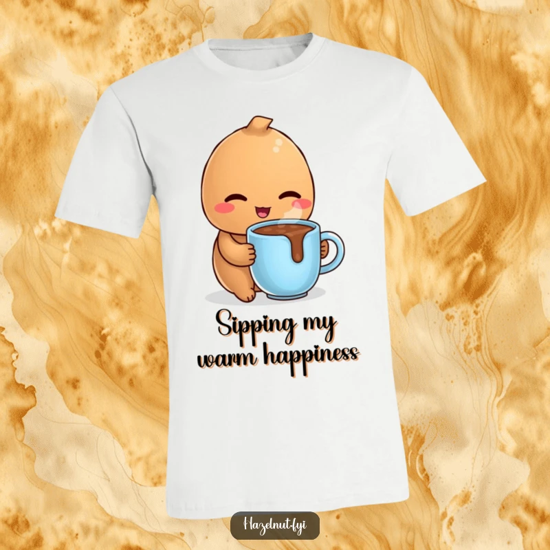 Funny t-shirt featuring a delighted hazelnut winking slyly while holding a tiny, steaming mug of hot chocolate, exuding coziness.