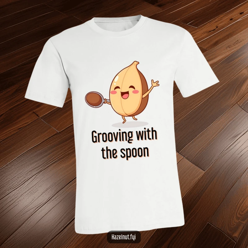Funny t-shirt graphic of a joyful hazelnut dancing with a spoon, capturing the fun of culinary activities.
