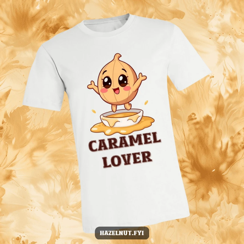 Funny hazelnut character with big eyes, enthusiastically diving into a bowl of melting caramel, on a t-shirt, a humorous gift.