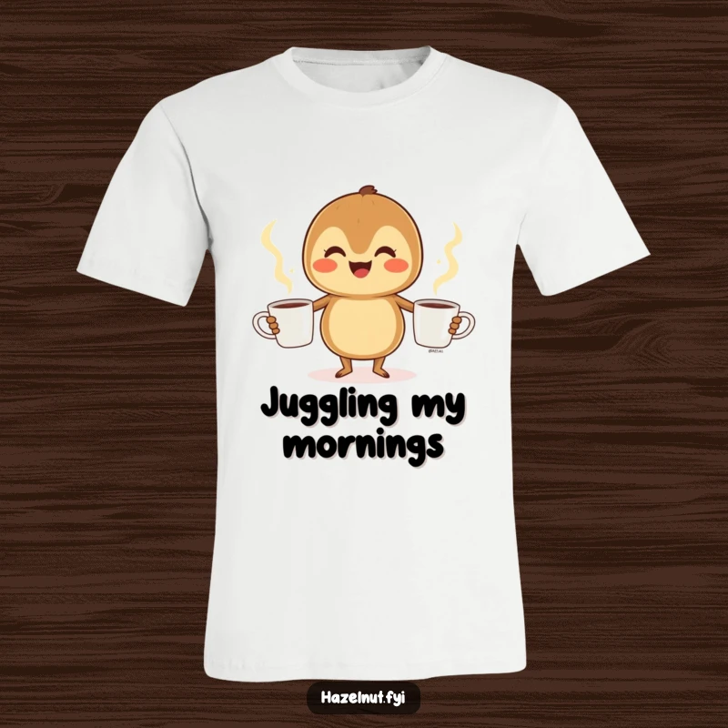 Funny Hazelnut T-Shirt: A happy hazelnut comically juggles three steaming coffee cups, showcasing a funny, energetic personality.
