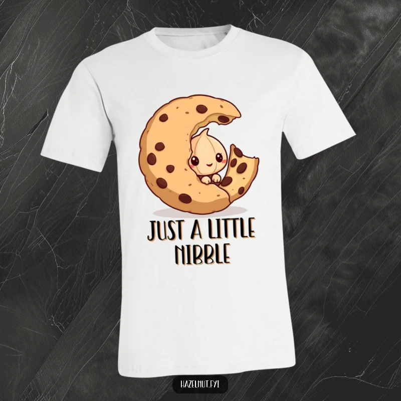 Funny t-shirt with a sneaky hazelnut character peeking around a large, half-eaten cookie, embodying playful mischief and a love for sweets.