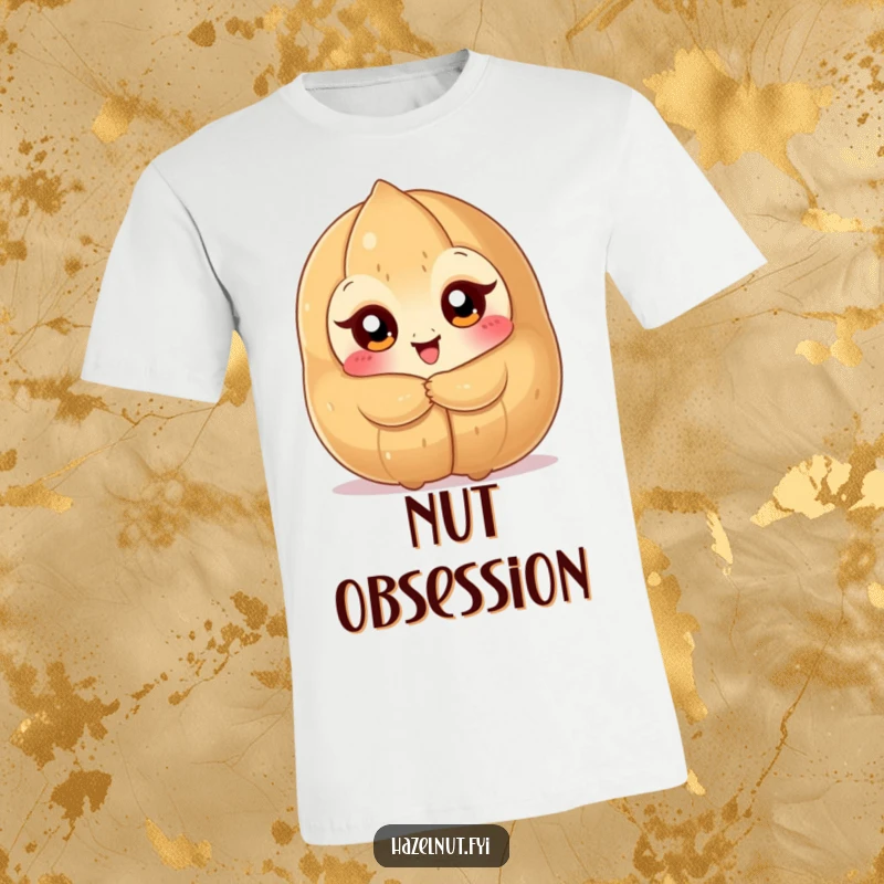 Funny Hazelnut Hug T-Shirt: a nutty character with huge eyes hugging a massive hazelnut with absolute delight, a charming funny gift.
